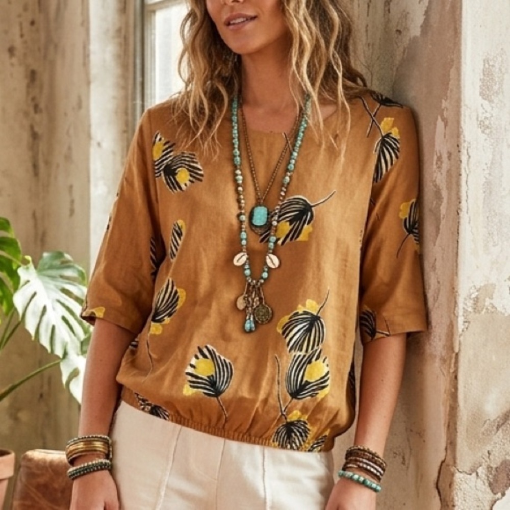 Bel Kazan Anthropologie Linen Yellow Floral Print Blouse Boho Indie Size S